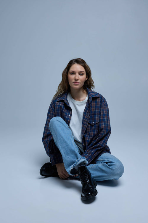 Navy blue with brown check